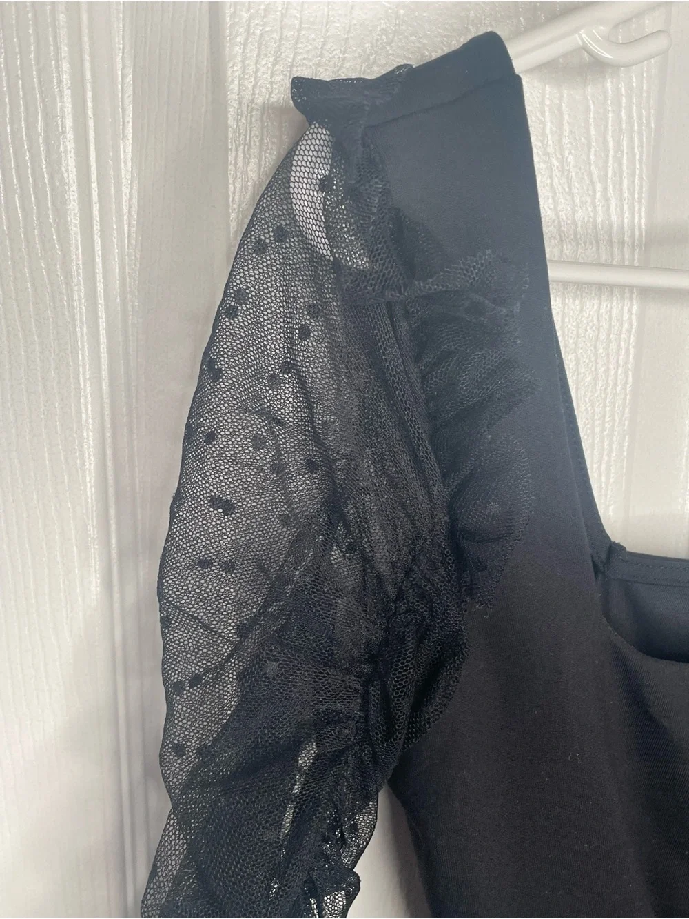 Free People Must Be Love Bodysuit Mesh Ruched Sleeve Square Neck in Black L